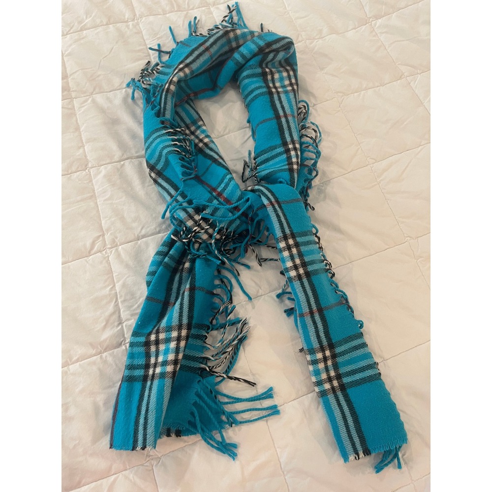 00048 V. Fraas Cashmink Teal Plaid Scarf 9x58 Fringe‎ Acrylic Made in Germany